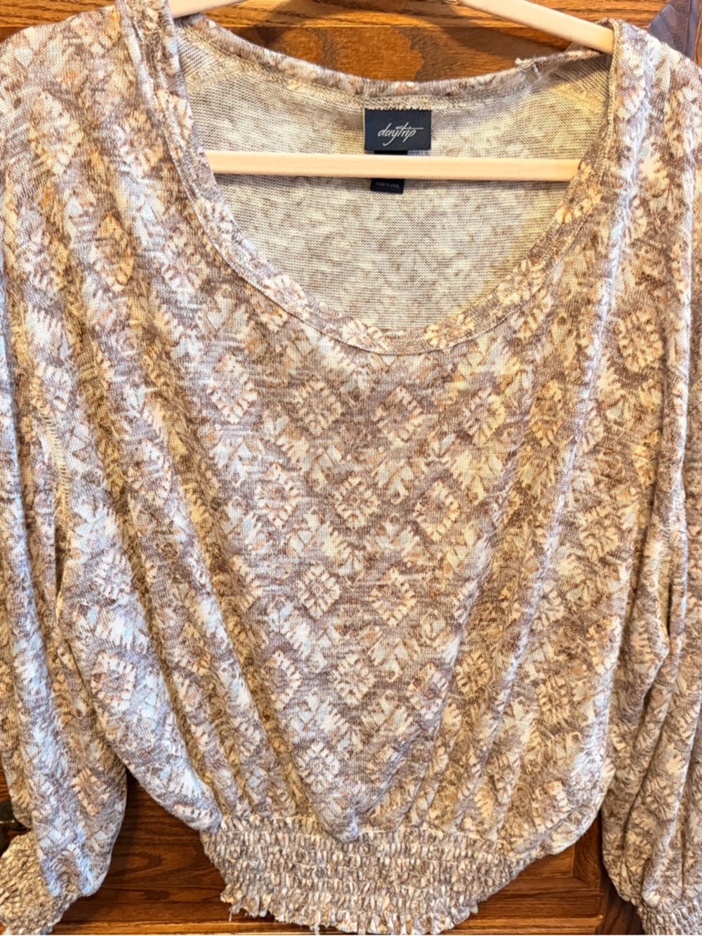 Daytrip Taupe Patterned Scoop Neck Pullover